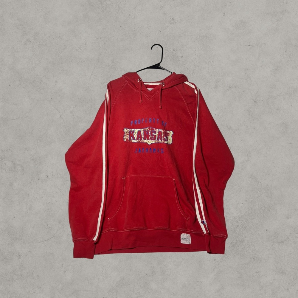 Champion Kansas Jayhawks Hoodie Red Pullover Sweatshirt Mens Large Striped